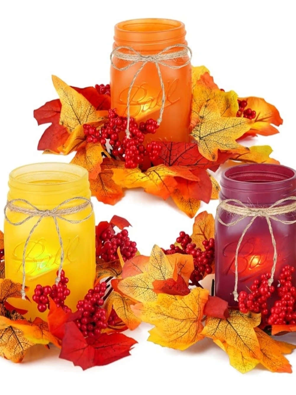 Autumn Mason Jar LED Candle Centerpiece Set - Orange, Yellow, Purple. NEW.